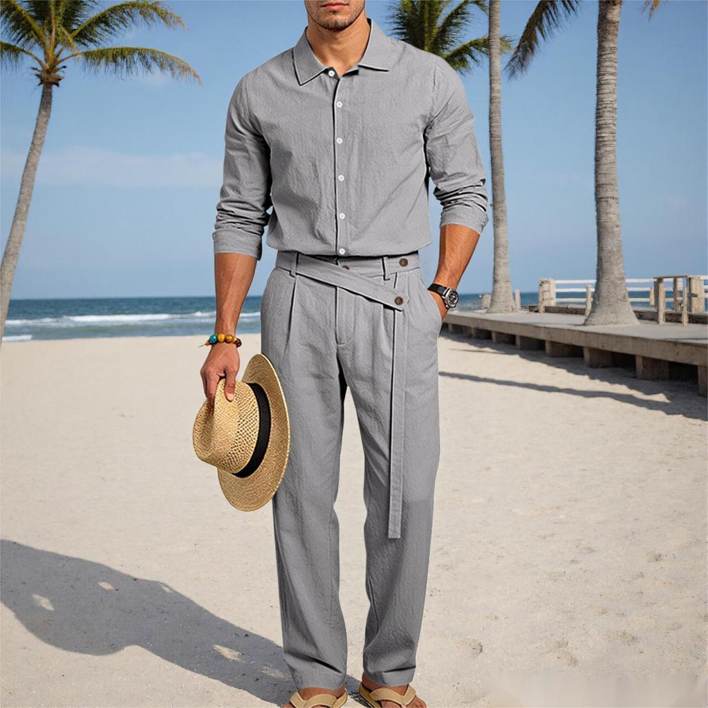 2026 European Men's Casual Loose Linen Lapel Shirt & Long Pants Set - Breathable Cotton Blend