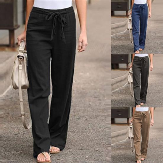 

Women Casual Solid Color High Waist Belt Wide Leg Long Straight Pants Trousers S синий