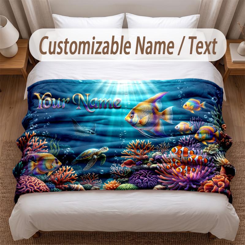 Fish Ocean Theme Soft Blanket Personalized Custom Name Text Print Warm Blanket Home Sofa Bedroom Decor