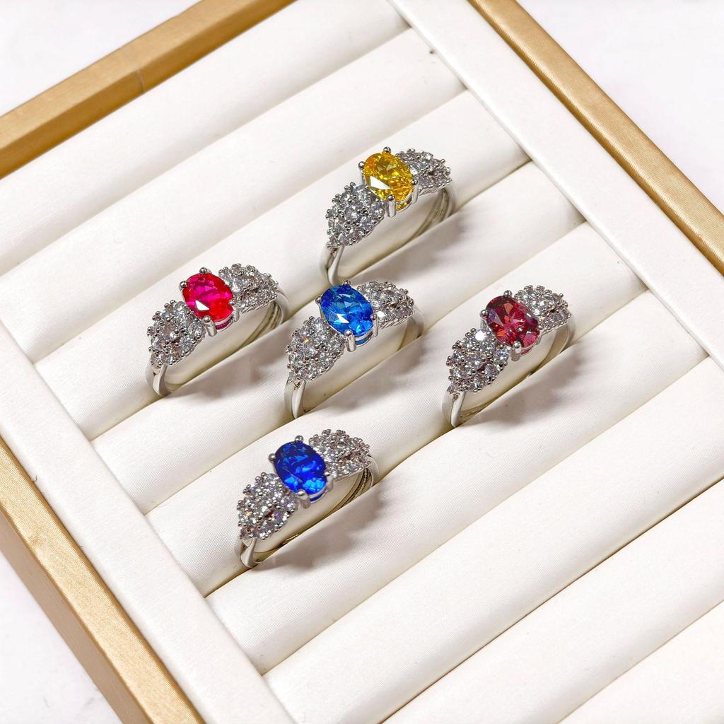 Gusen Jewelry Ice Flower Cut Oval Zircon Ring with High Carbon Diamond - Colorful European and American Style