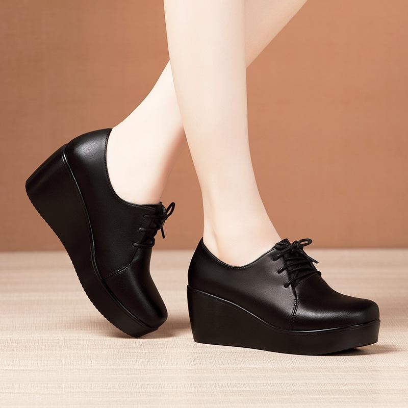 Fashion GKTINOO 2025 Wedges Women Shoe Spring Autumn Lace-Up High Heels Round Toe Leather Casual Ladies Platform Shoes Woman Size 33-43