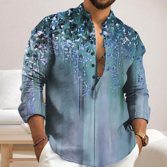 Men Shirt Thin Stand Collar Printed Single-breasted Solid Color Long Sleeves Soft Mid Length