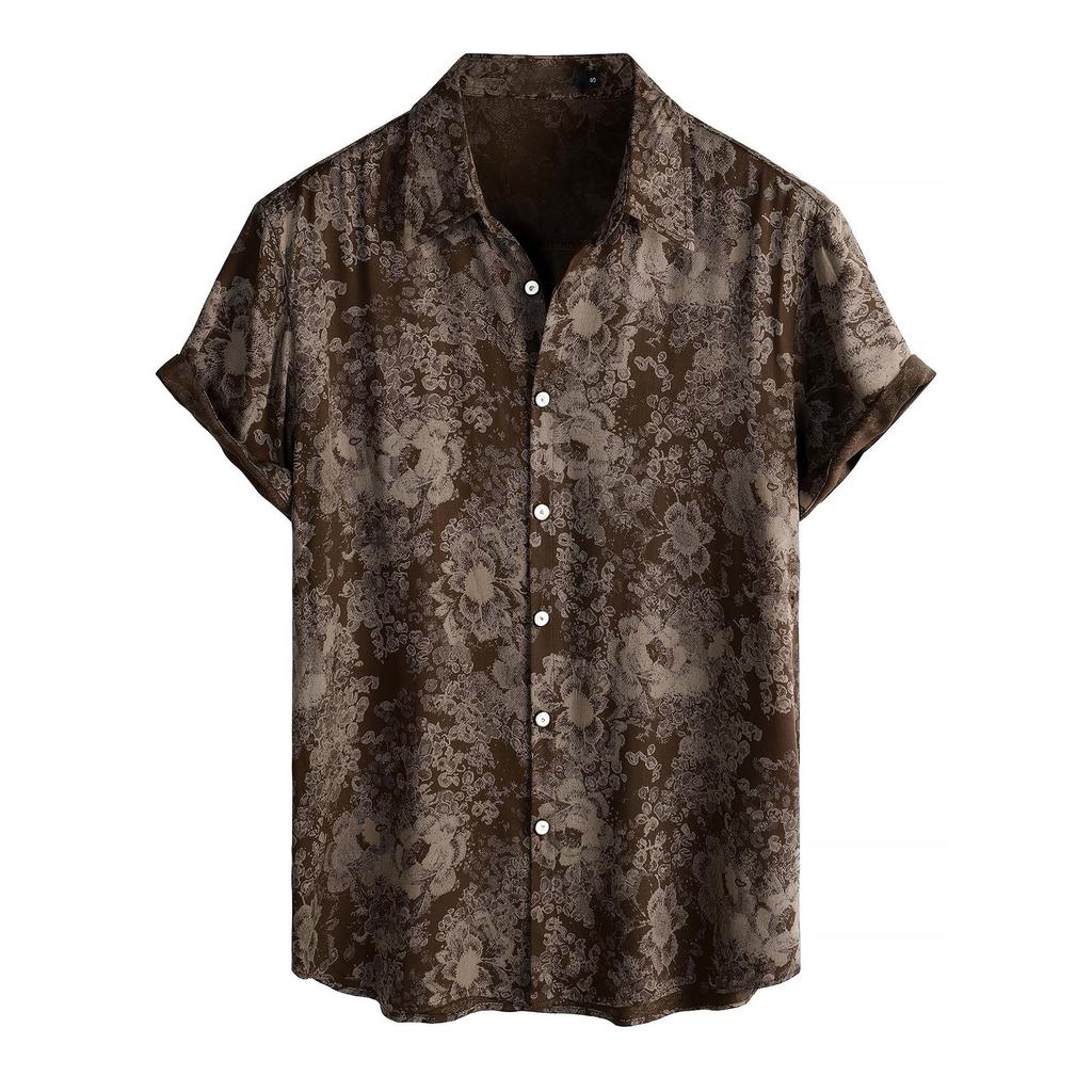 Men's Vintage Printed Short Sleeve Button Front Shirt Casual Open Collar Lightweight Summer Top