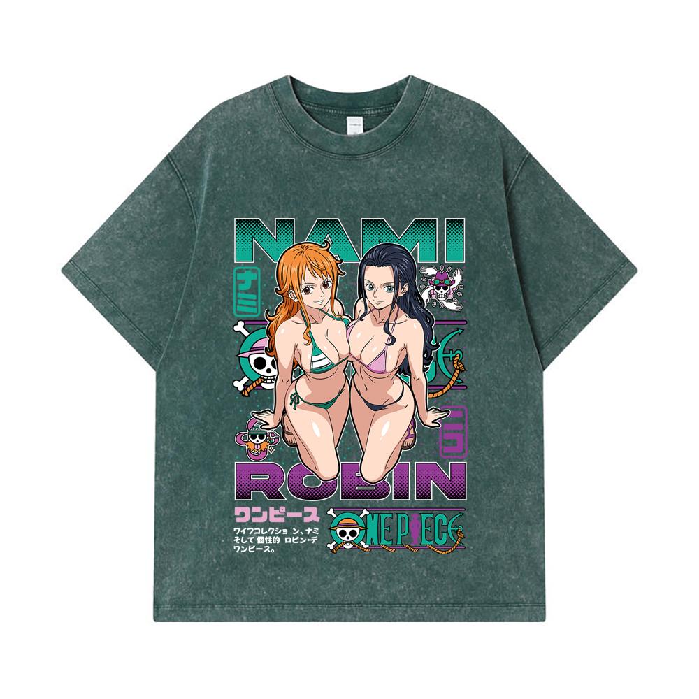 275 GSM Washed T-shirts 100% Cotton One Piece V54 Nami Robin Print Unisex Heavy Cotton T Shirt