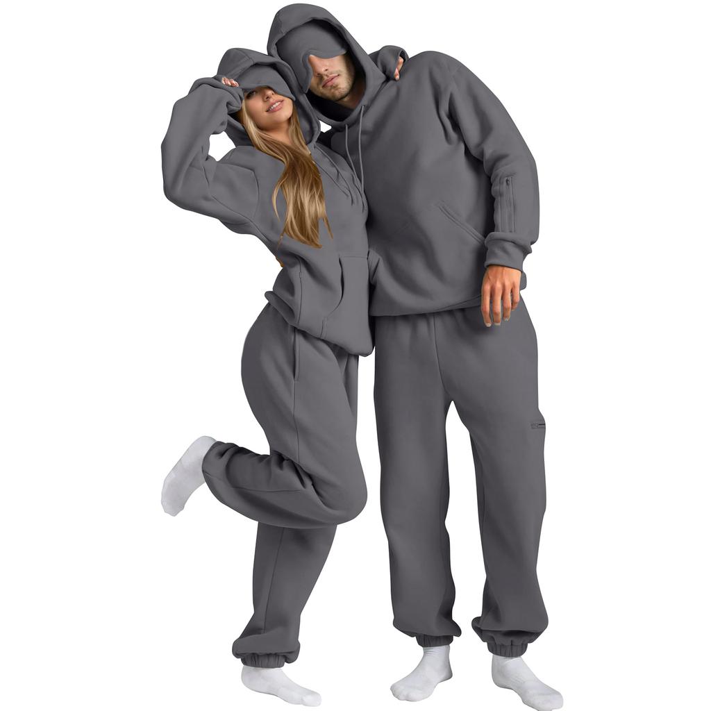 Unisex Fashion Solid Color Flight Mode Travel Hoodie Sports Shirt With Built In Eye Mask Sports Pants Loose 2-piece Set