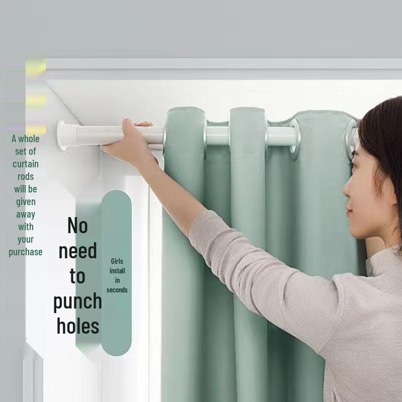 Telescopic No-Punch Curtain Set: Blackout, Heat Insulation, Sun Protection for Bedroom, Living Room, Balcony, Rental Partition