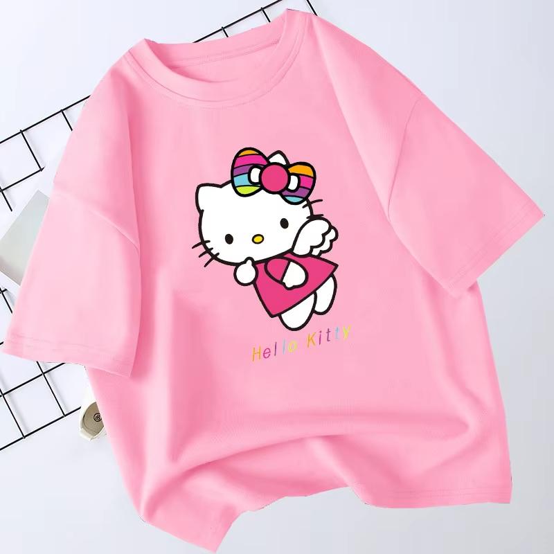 2026 Summer HelloKitty Cartoon Graphic Tee Casual Short Sleeve Cotton Tops for Adults Kids Lovely Kawaii Streetwear Style