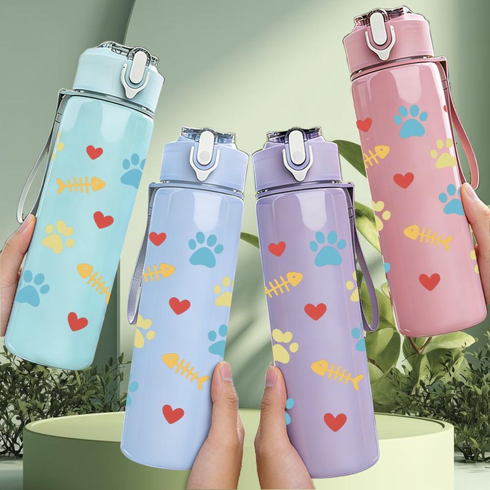 1PC Paw Print Heart Repeat Pattern 750ml Color Plastic Sports Water Bottle Leakproof Flip Straw Lid Suitable for Sports Office Home Use