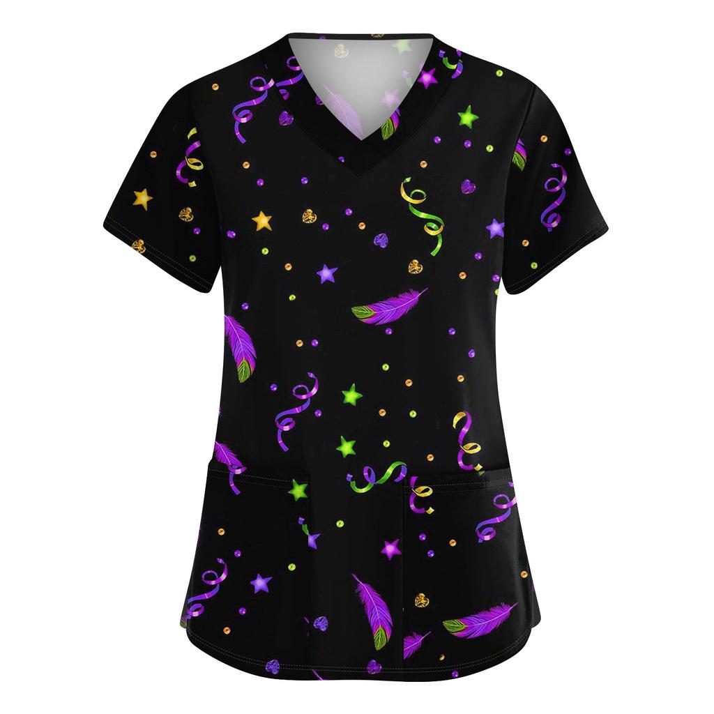 Women's Cute Printed Work Clothes V-neck Double Layer Pockets Basic Short Sleeve Top Pullover