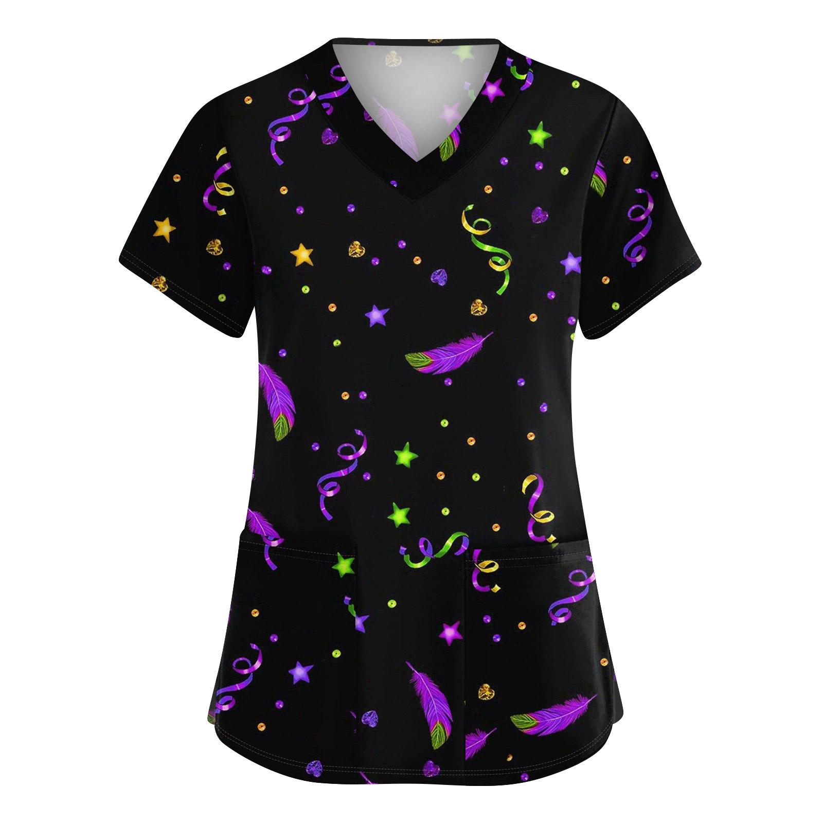 

Women s Cute Printed Work Clothes V-neck Double Layer Pockets Basic Short Sleeve Top Pullover XXL