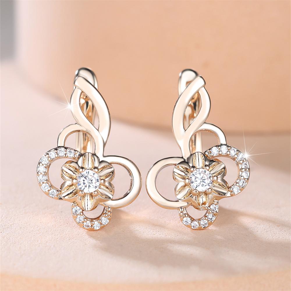 Round Stone White Zircon Hollow Flower Hoop Earrings For Women Vintage Gold Color Ear Buckle Wedding Jewelry Versatile Gifts