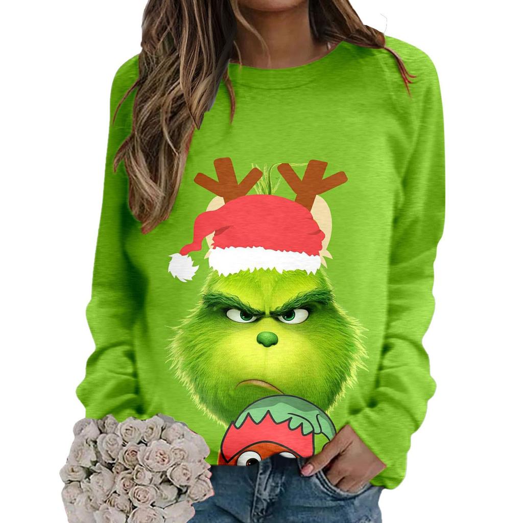 Damen Casual Fashion Weihnachtsdruck Langarm Pullover Weihnachtsmann Casual Sweatshirt