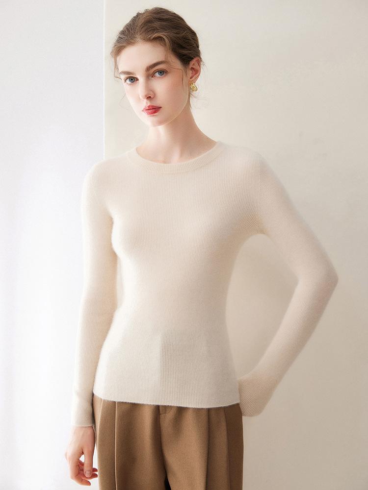 Women's 100% Pure Cashmere Seamless Sweater: Round Neck, Ribbed, Slim Fit, Minimalist Knitted Base Layer