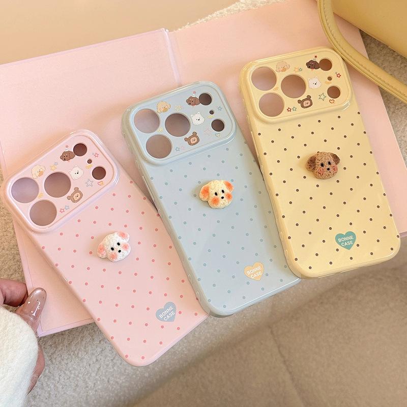 Polka Dots 3D Cartoon Puppy Phone Case For iPhone 17 16 15 14 13 12 Pro Max Candy Colors Shockproof Protective Soft Cover