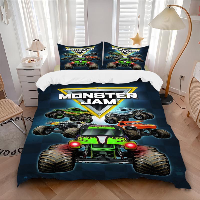 3pcs Monster Jam Monster Truck Home Bedding Set-Universal Three-Piece Suit for Bedroom, Guest Room, Living Room, Hotel-Perfect Holiday Gift
