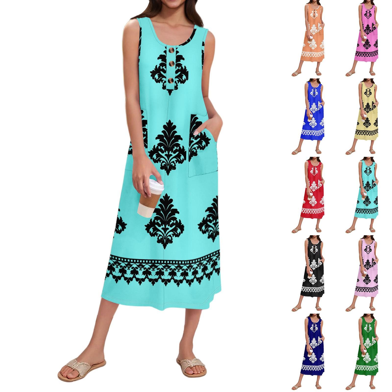 

Women s Summer Casual Fashion Retro Printed Sleeveless Button Casual Long Dress S