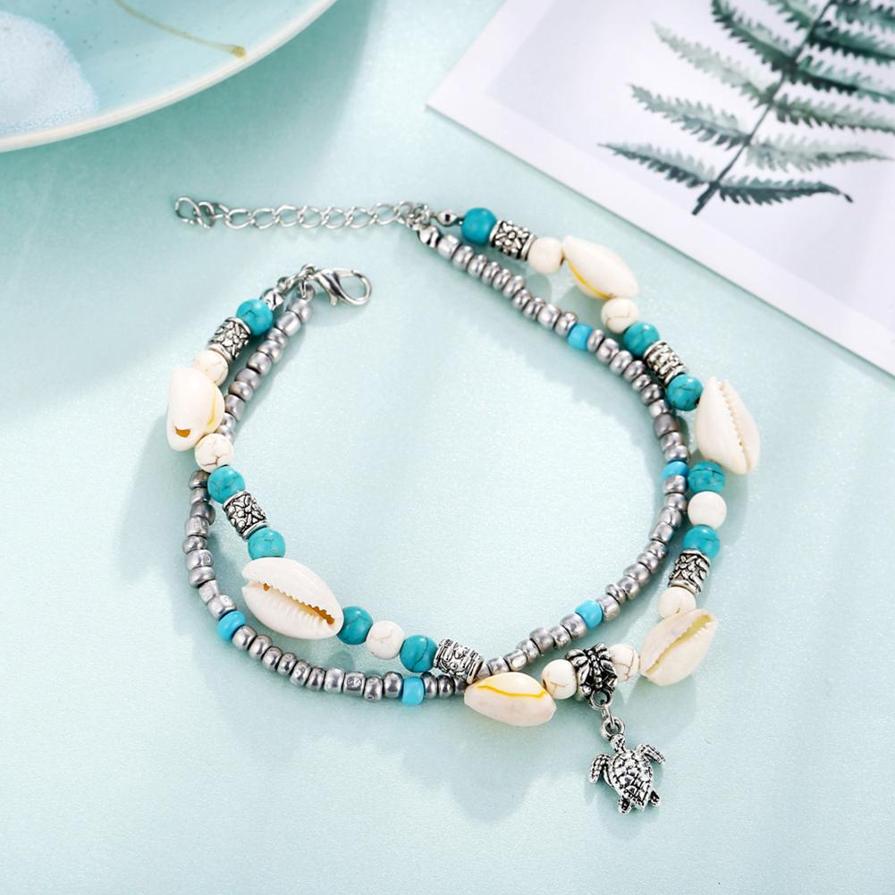 Fashion Bohemian Shell Turtle Pendant Double Layers Anklets
