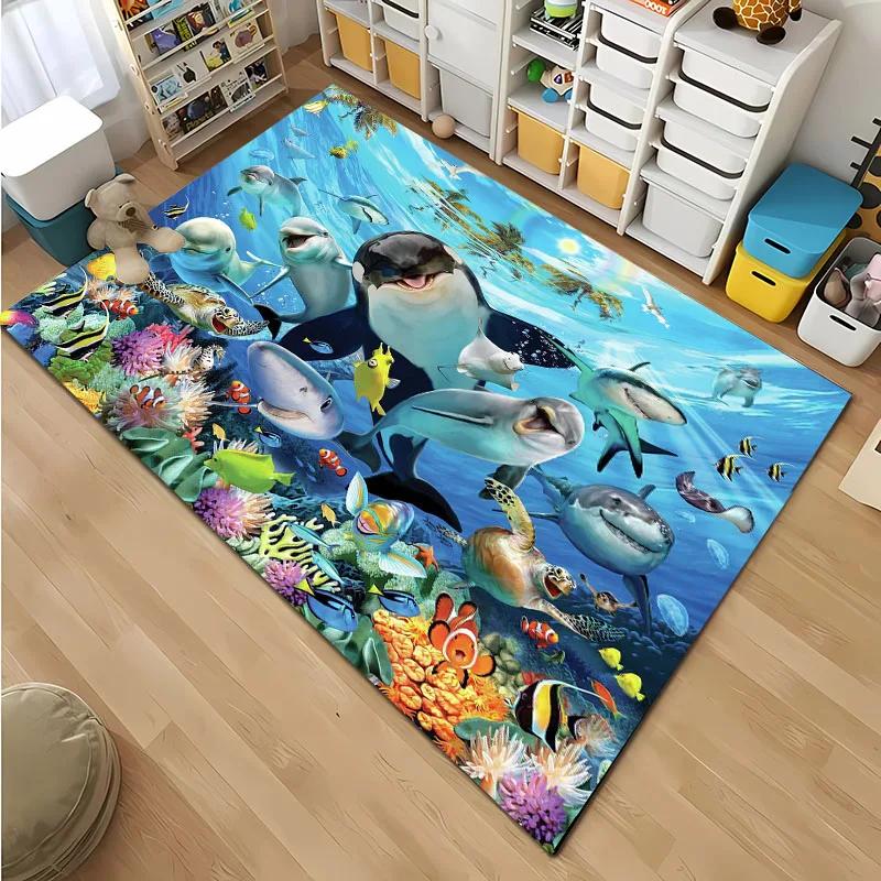 HD Underwater World 3D Illusion Seabed Cartoon Carpet,Rug for Living Room Rug for Bedroom Sofa Doormat Decor Non-slip Floor Mat