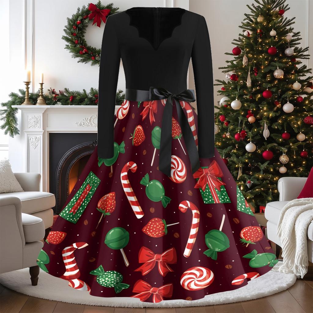 Women's Vintage V-Neck Long Sleeve Christmas Print Casual Dress