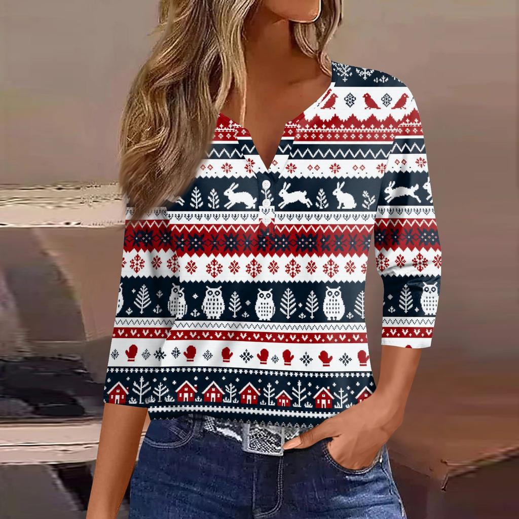 Women's Casual Christmas Print V-Neck 3/4 Sleeve Button T-Shirt