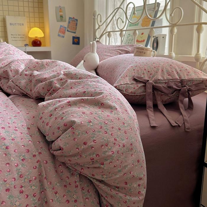 

Small flower bow four piece set, soft and skin friendly cotton linen double bed duvet set, dormitory three piece set 1.2m bed sheet three&set
