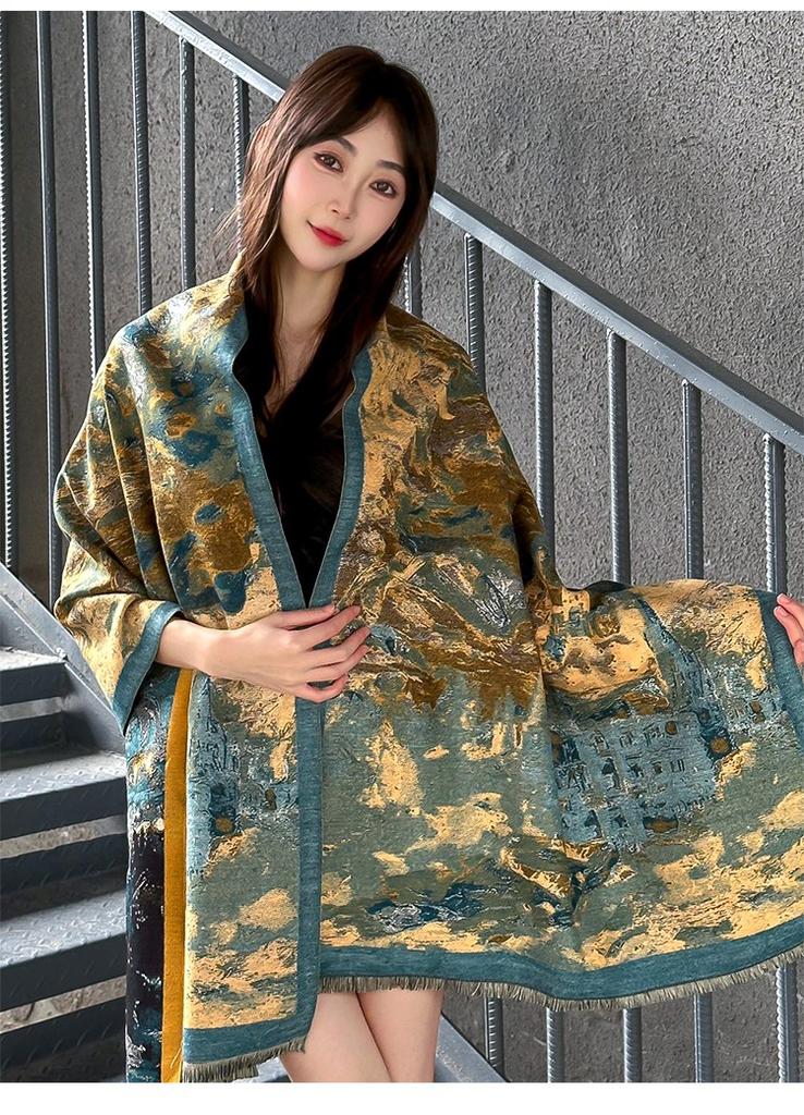 Korean High-End Scarf Castle Oil Painting Style Versatile Shawl Printed Scarf