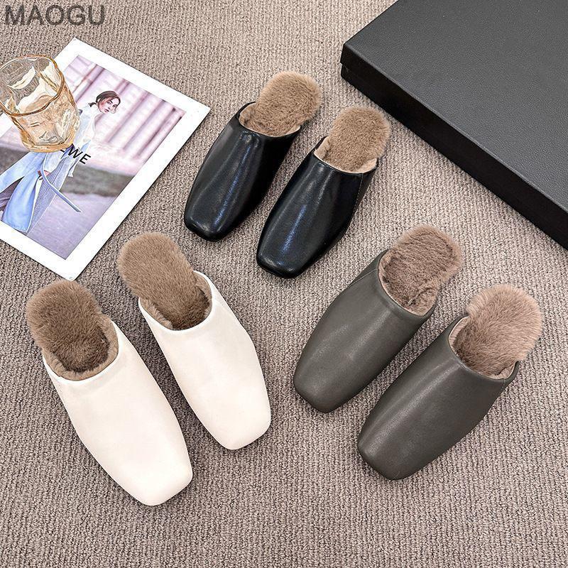 Autumn Winter Women Fuzzy Mule Slippers Plush Lined Retro Slip On Flat Fur Slides Cozy House Shoes Indoor Outdoor Comfortble