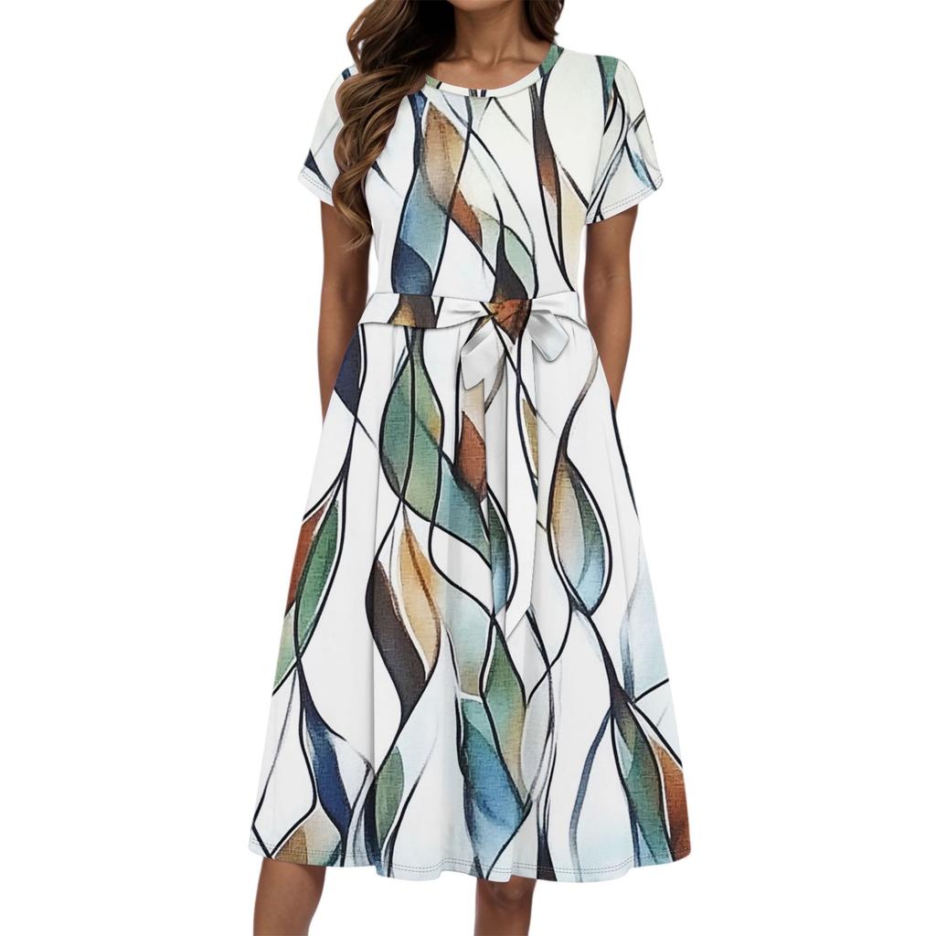 Women's Summer Fashion Round Neck Casual Plant Floral Print Short Sleeve Dress