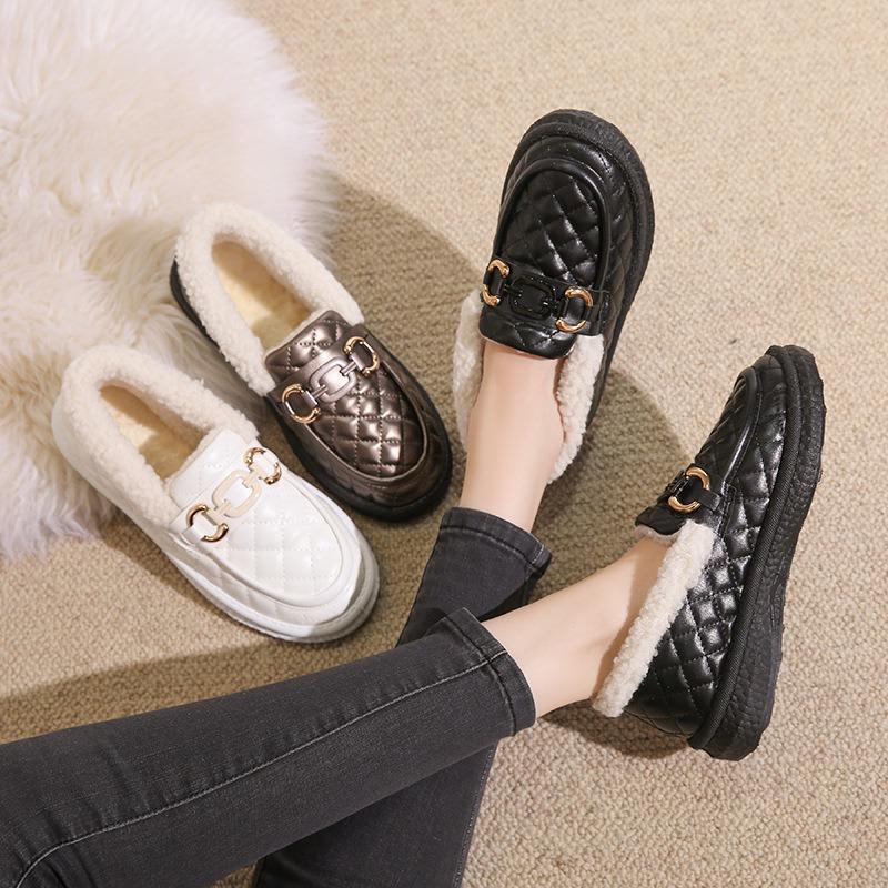 Winter velvet non-slip beanie shoes women's flat bottom one pedal fashion warm soft sole pregnant women snow boots cotton shoes