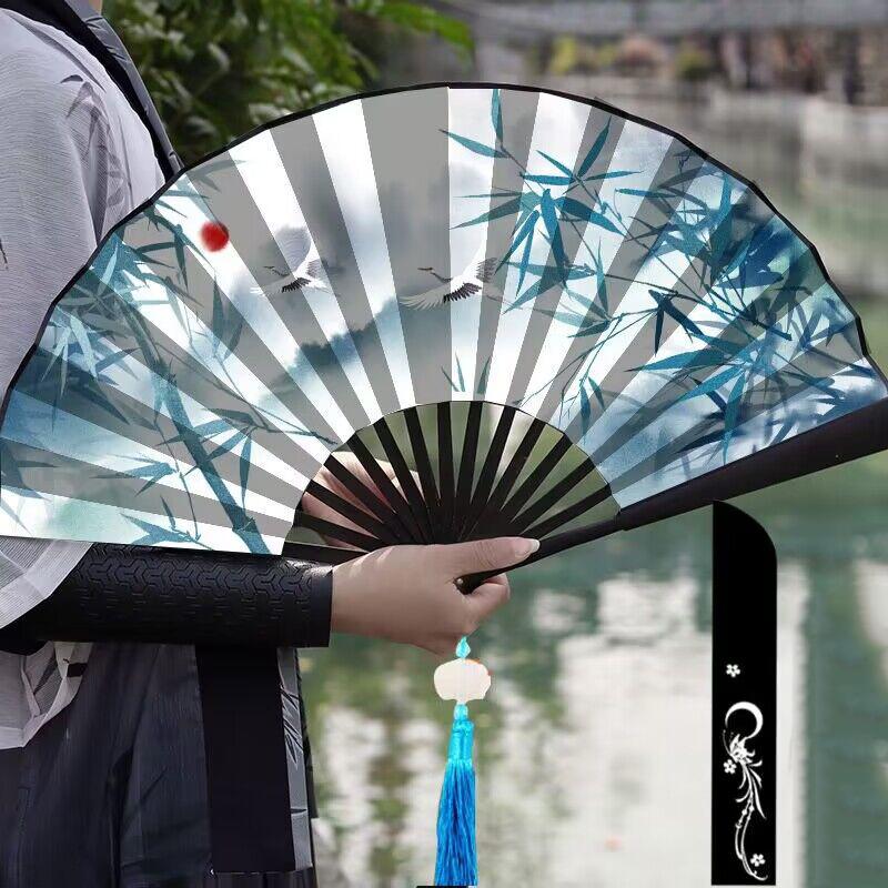 Summer Outdoor Decorative Folding Fan Bamboo And Wood Cloth Face Large Size Double-Sided Hand Fan Home Decoration Chinese Gift