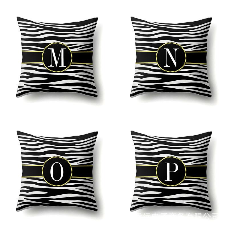 Polyester Pillowcase Zebra Pattern Printing Home Decoration Pillowcase 26 English Letter Cushion Cover Black and White