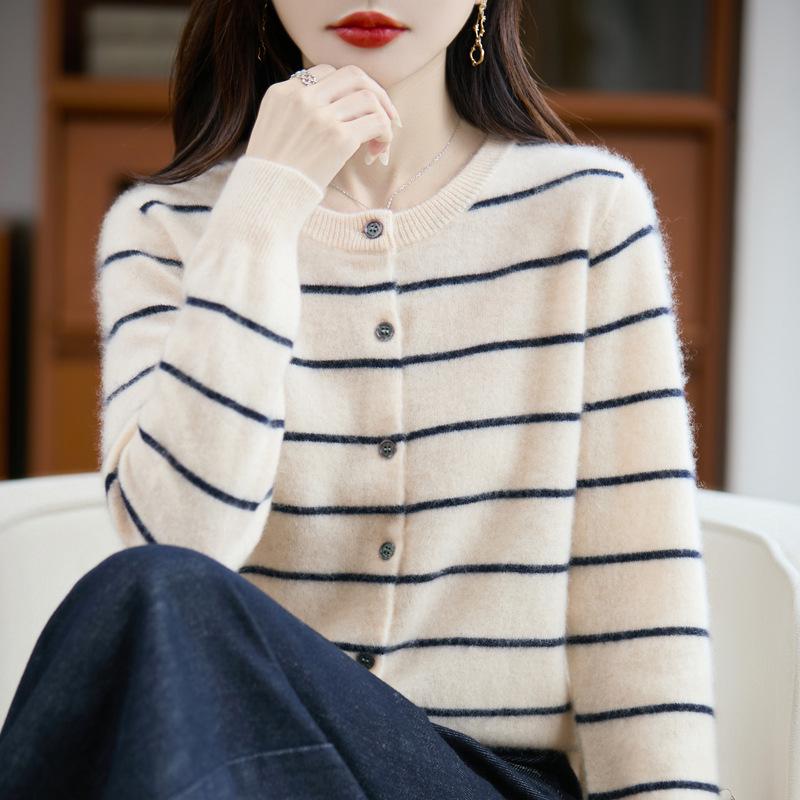 100% Pure Wool Women's Color Block Striped Buttoned Cardigan for 2025 Autumn/Winter