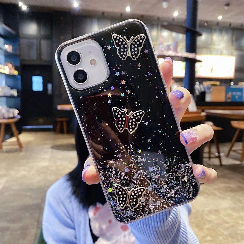 For iPhone 11 Case TPU Phone Protective Cover Sequins Epoxy Butterfly Design