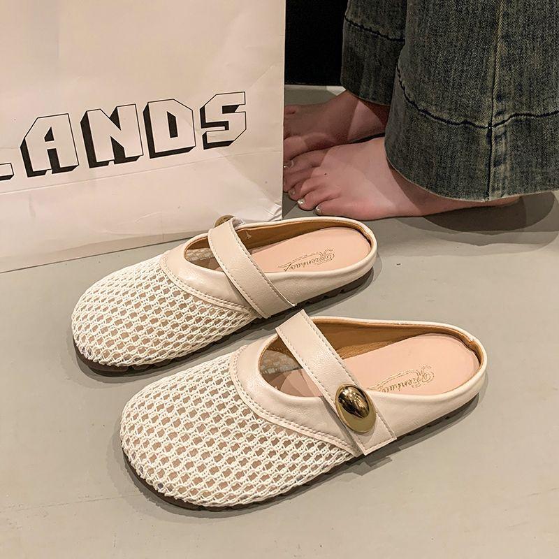 Flat-bottomed French bag head, half slippers, outer wear women's shoes, spring and summer 2025 new mesh breathable and comfortable soft-soled sandals