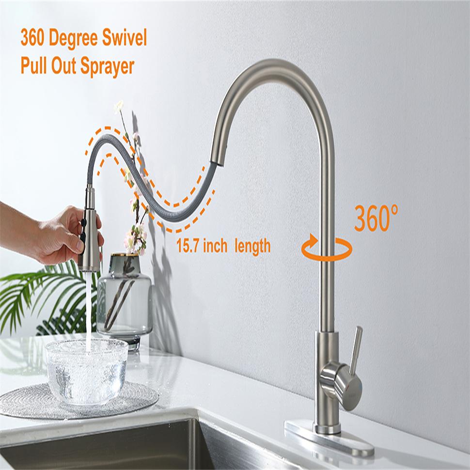 304 Stainless Steel Pull-out with One-button Water Stop 360 Rotating Telescopic Faucet, Hot and Cold Water Mixing, Brushed Type