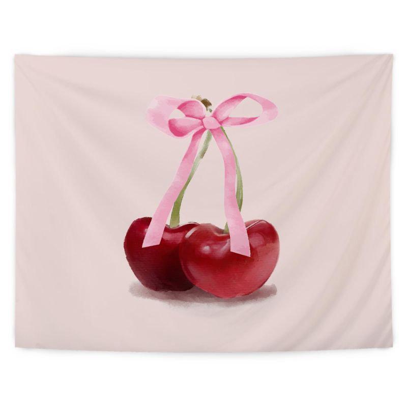 Pink Watercolor Cherry Tapestry Wall Hanging Red Fruit Coquette Ribbon Bow Aesthetic Wall Art Girls Room Wall Decor