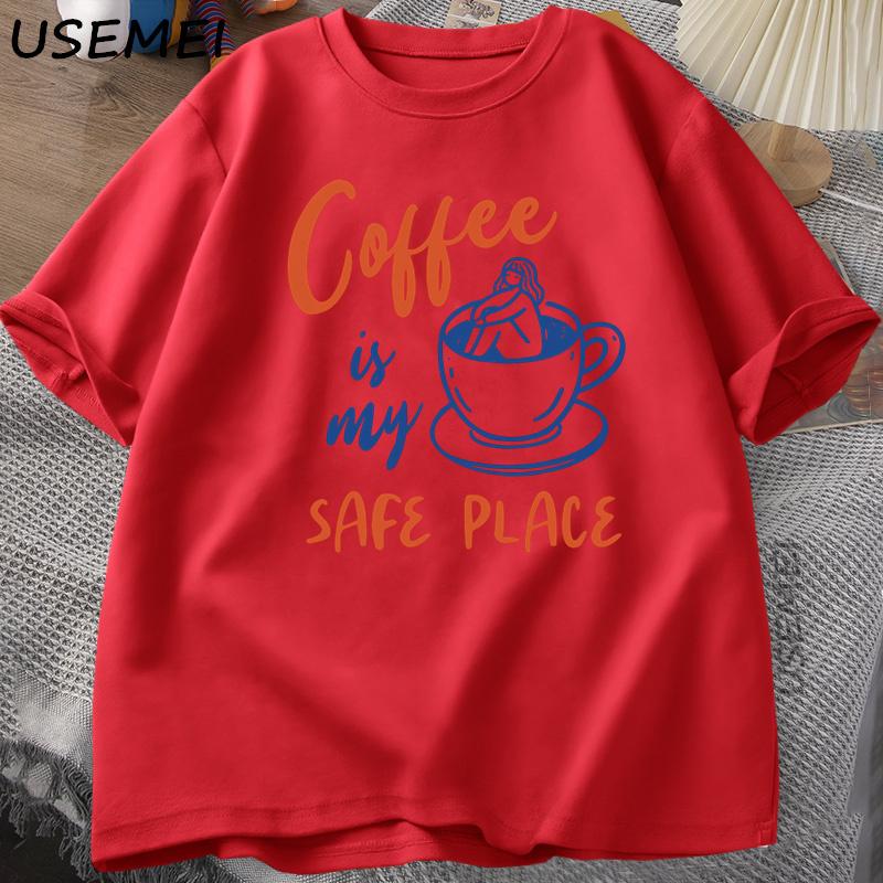 

Coffee Is My Safe Place Comfort T Shirt Women Funny Retro Coffee Graphic Tee Aesthetic Tshirt High Quality Cotton Tshirt S