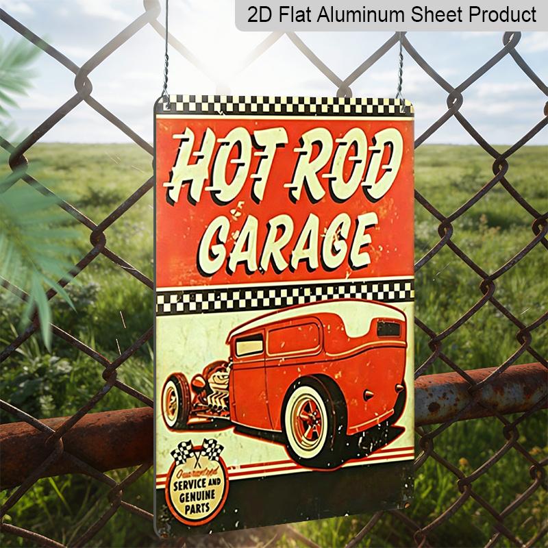 2D Flat, 1pc Vintage Hot Rod Garage Metal Sign - 8x12 Inch Retro 1950s Style Classic Hot Rod Car & Checkered Racing Design - Durable Aluminum Wall