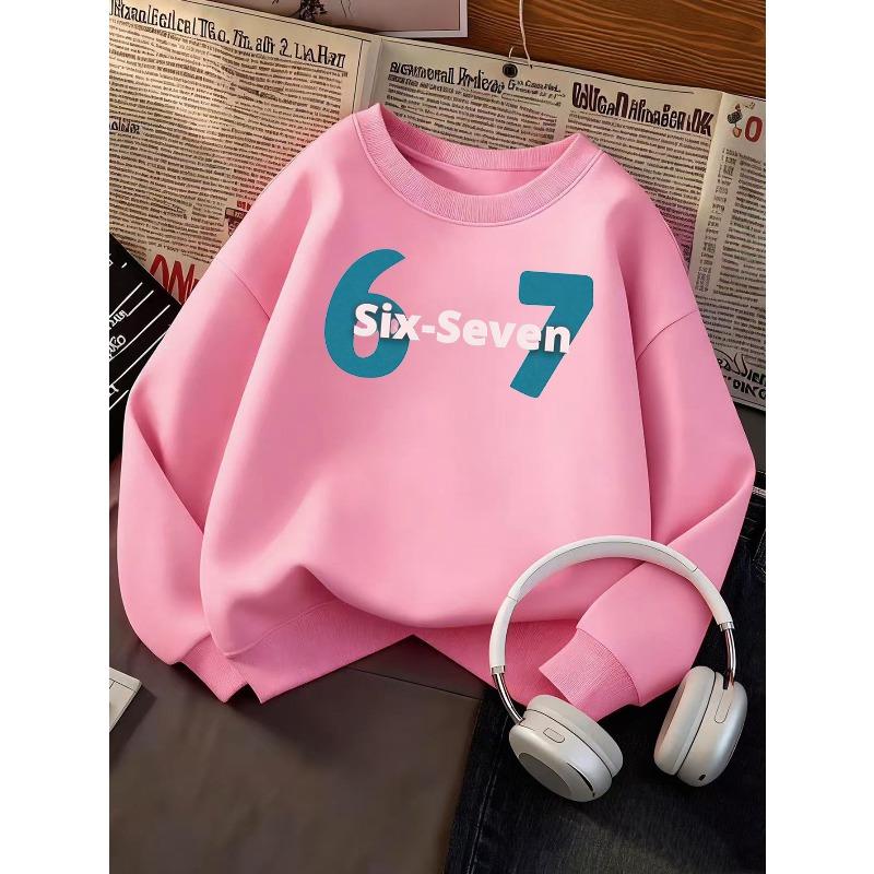Children's clothing kids unisex Crew Neck Sweatshirt | Fashionable 67 Number Print, Casual Style, Slight Stretch Fabric, Regular Fit, Fall/Winter