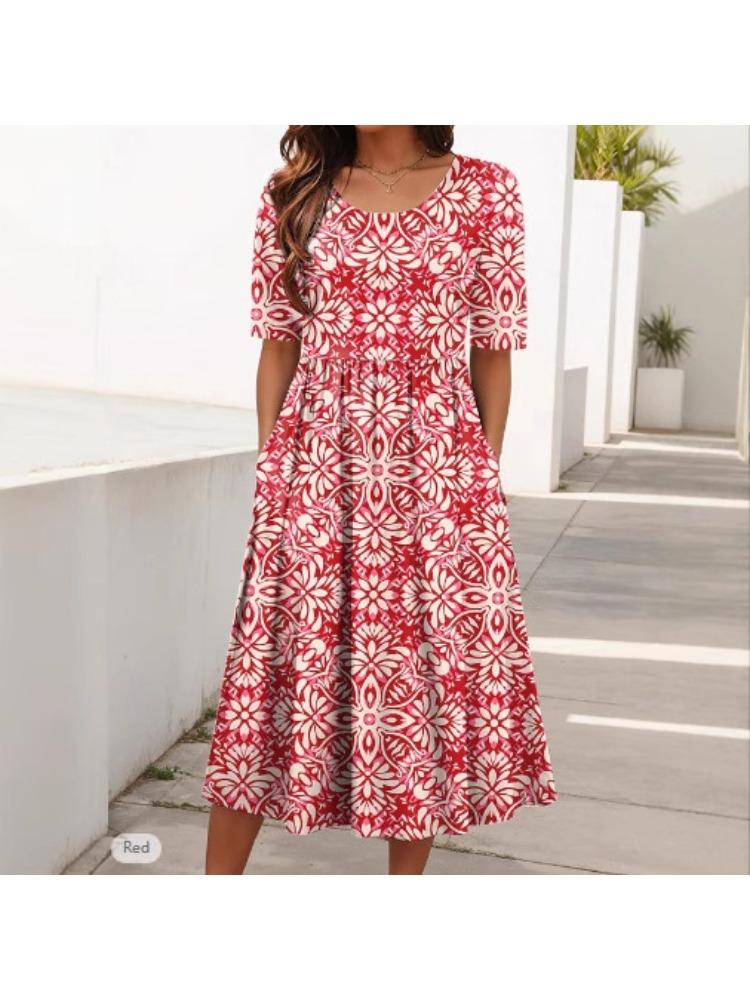 Women s Short Sleeve Square Neck Floral Print Midi Dress in Multiple Colors S красный