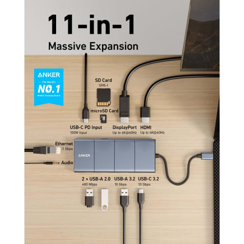 Anker 565 USB-C Hub (11-in-1) 10Gbps High Speed ??Data Transfer 4K HDMI Port DisplayPort 100W USB PD Compatible USB 3.2 Gen 2 USB-C Port USB-A Port Et