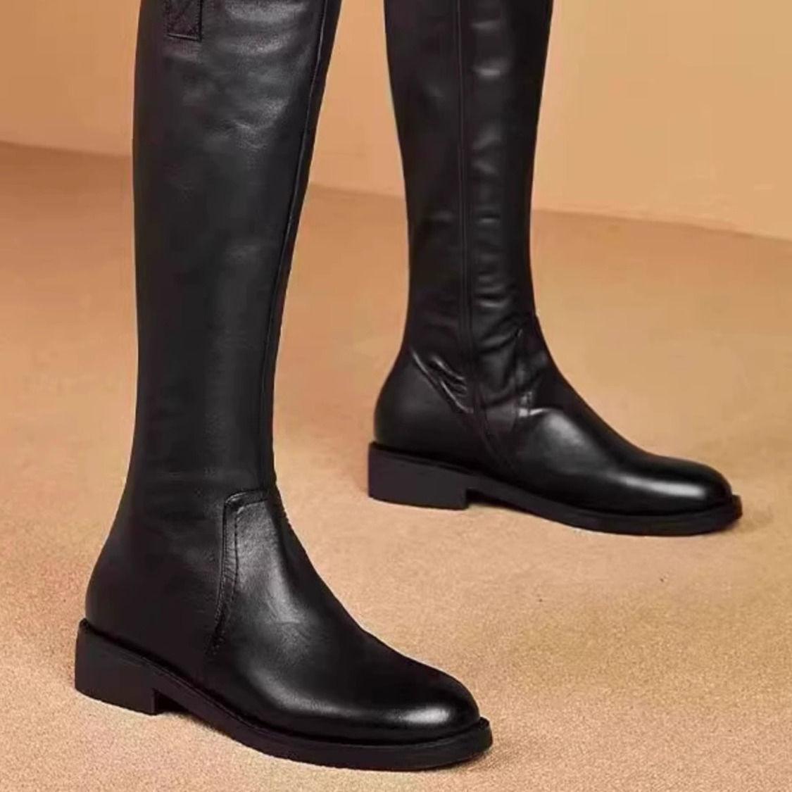 

Брендовые кожаные рыцарские сапоги женские высокие сапоги 2025 осень и зима на плоской подошве бархатные сапоги до колена ботинки Мартин 35