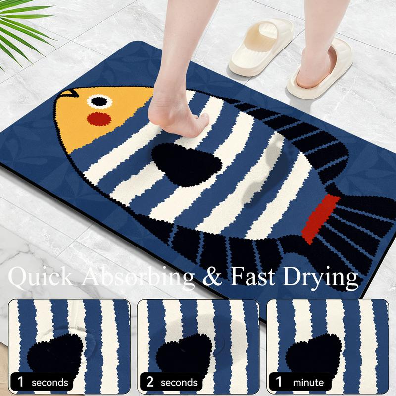 VIKAMA Cartoon Striped Fish Bath Mat Water Absorbent Anti Slip Cute Ocean Animal Bathroom Floor Rug Home Decor