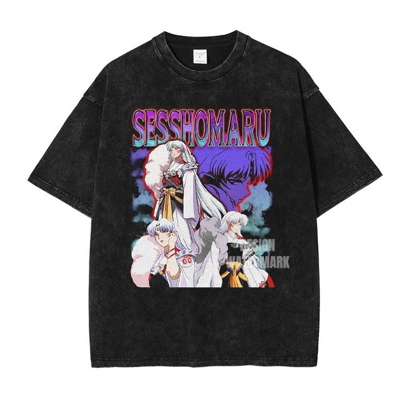 Anime Inuyasha T-shirts Sesshoumaru Graphic T Shirt Vintage Washed Oversized T-shirt Short Sleeve Tees Man Women Cotton Clothing