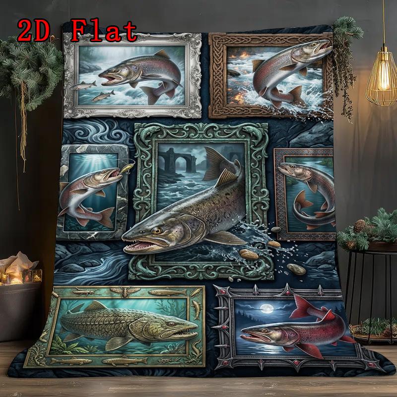 Salmon Majesty 2D Flat Pattern Flannel Blanket, High Quality All Seasons, Home Decor, Warmth and Comfort, Perfect for Christmas Gifts.