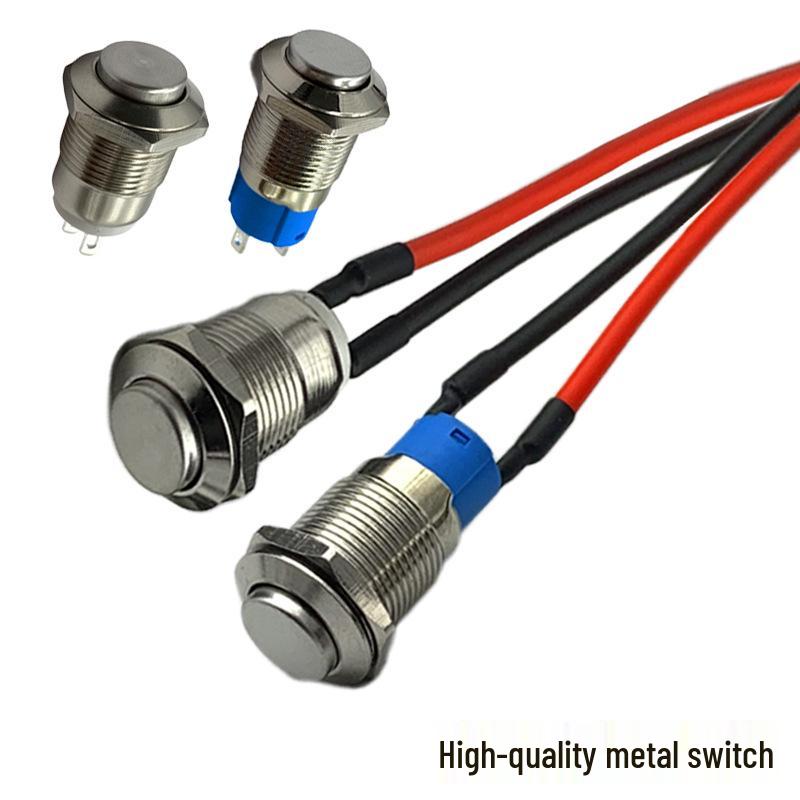 Metal Push Button Switch with Wire: Self-Reset, Momentary, High Head, 8/12/16/19mm, 2-Pin