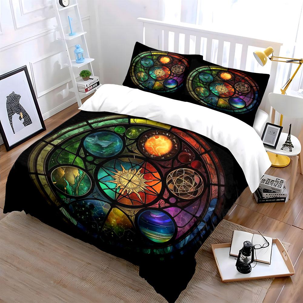 Colorful Stained Glass Decoration Set Soft Comfortable Duvet Cover Bedding Set Included 1*Duvet Cover & 2*Pillowcases, Gift