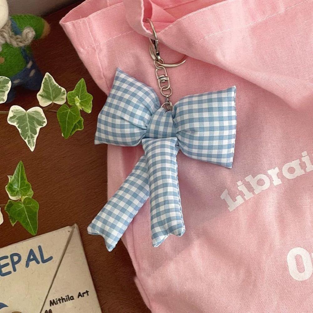 Y2K 3D Bowknot Keychain Keyring Accessories Pink Color Pink Blue Plaid Bow Keyring Cute Backpack Pendant Charm Backpack Pendant