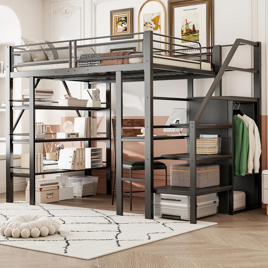 Hochbett 140*200cm, Dreistufiges Lagerregal, Schreibtisch, Kleiderschrank, Sicherheitsleiter mit Stauraum, Hohes Geländerdesign, Eisenbett, Einzelbett, Schwarz
