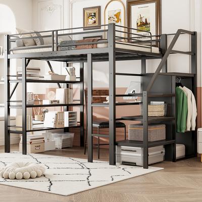 Hochbett 140*200cm, Dreistufiges Lagerregal, Schreibtisch, Kleiderschrank, Sicherheitsleiter mit Stauraum, Hohes Geländerdesign, Eisenbett, Einzelbett, Schwarz